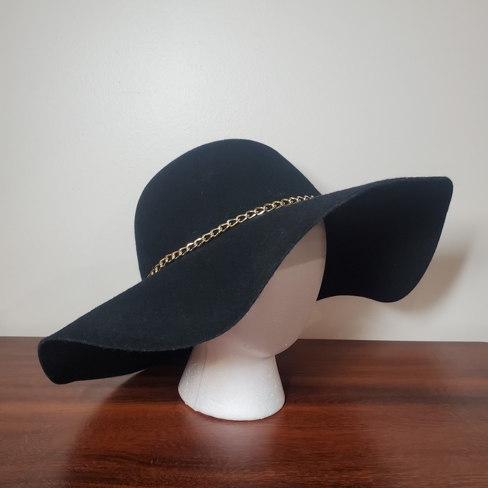 Scala Pronto Black 100% Wool Wide Brim Floppy Hat Gold Chain Accent‎ OSFM 57cm